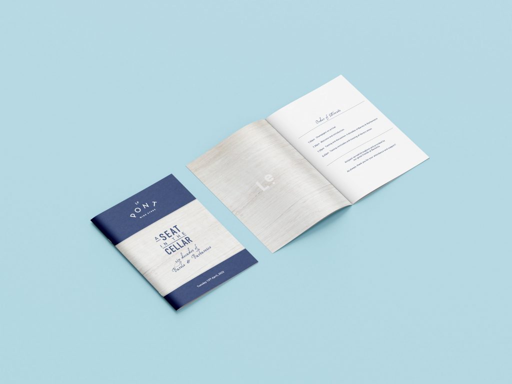 Open view of a saddle stitch Booklet design for a wine tasting event for Le Pont Wine Store Milsons Point Sydney