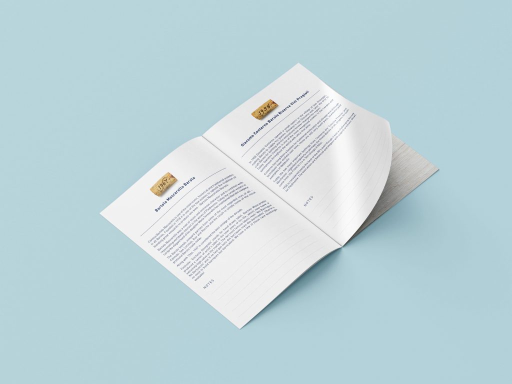 Open view of a saddle stitch Booklet design for a wine tasting event for Le Pont Wine Store Milsons Point Sydney