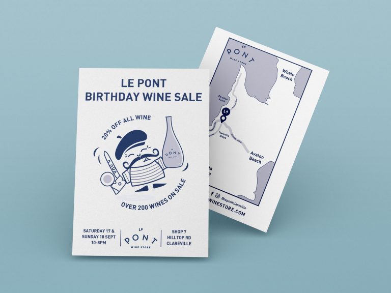 Double sided promotional A6 postcard design for Le Pont Wine Store Clareville